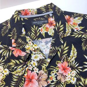 Free‎ Planet Mens L Shirt Surf Hawaiian Button Down Black Breathable Casual Soft
